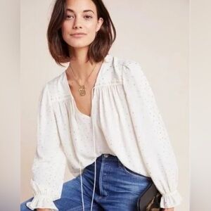 Anthropologie Current Air Bristol Gold Dot Blouse | Cream | Size XL Boho Shimmer
